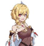  1girl absurdres bare_shoulders blonde_hair breasts brown_dress citrinne_(fire_emblem) cleavage commentary commission dress feathers fire_emblem fire_emblem_engage grimmelsdathird highres jewelry long_sleeves looking_at_viewer neck_ring open_mouth red_eyes short_hair simple_background solo upper_body white_background 