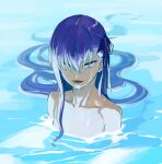  1girl b_suke collarbone commentary_request fate/grand_order fate_(series) flat_chest hair_ribbon hair_spread_out highres long_hair looking_at_viewer meltryllis_(fate) narrowed_eyes partially_submerged purple_eyes purple_hair purple_ribbon ribbon smile solo topless upper_body water wet 