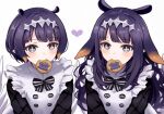 +_+ 2girls blush character_cookie cookie dual_persona food food_in_mouth hair_ornament heart hololive hololive_english long_hair long_sleeves mole mole_under_eye multiple_girls ninomae_ina&#039;nis ninomae_ina&#039;nis_(6th_costume) pointy_ears purple_eyes purple_hair short_hair simple_background takodachi_(ninomae_ina&#039;nis) tentacle_hair upper_body virtual_youtuber white_background yuuyu_(777) 