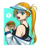  ! 1girl aqua_background aqua_eyes b_suke black_tank_top blonde_hair burger burger_earrings calamity_jane_(fate) fate/grand_order fate_(series) food highres holding holding_food jacket jacket_partially_removed looking_at_viewer medium_hair one_side_up open_mouth simple_background solo spoken_exclamation_mark star_(symbol) tank_top upper_body visor_cap white_jacket 