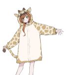  1girl :3 animal_hood blush braid checkered_hairband fake_tail giraffe_hood green_eyes holding_own_tail hood kkoma korean_commentary long_hair looking_at_viewer orange_hair outstretched_arms reverse:1999 simple_background solo sonetto_(reverse:1999) spread_arms tail white_background 