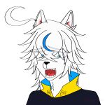 absurd_res blue_eyes canid canine canine_teeth canis domestic_dog dull_hair female fur hair hi_res humanoid humor husky leica_2007 mammal nordic_sled_dog open_mouth spitz white_body white_fur white_hair