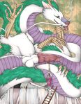  balls bath broom chinese_dragon claws clothing dragon epicwang feral ghibli glans haku haku_(spirited_away) horn knot ladder macro male nude penis precum sergal size_difference spirited_away tongue water 