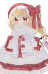  1girl apple blonde_hair bow crystal flandre_scarlet food fruit hair_bow highres multicolored_wings one_side_up ramochi red_eyes scarf side_ponytail skirt skirt_set solo touhou white_background wings 