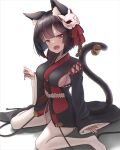  1girl :d animal_ears azur_lane bell black_hair black_kimono blush breasts cat_ears cat_girl cat_mask cat_tail coariouse commentary_request detached_sleeves ear_down fang from_above full_body hair_between_eyes hair_ribbon highres japanese_clothes kimono long_sleeves looking_at_viewer looking_up mask mask_on_head medium_breasts medium_hair pink_eyes red_ribbon ribbon sideboob sideboob_cutout sitting smile solo tail tail_bell tail_ornament thighhighs wide_sleeves yamashiro_(azur_lane) 