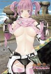  belt blush breasts cameltoe cover cover_page covered_nipples elbow_gloves frau_(monster_hunter) gloves large_breasts looking_at_viewer maki_aida_factor monster_hunter monster_hunter_frontier navel parted_lips pink_eyes pink_hair pink_legwear shiny shiny_skin short_hair short_shorts short_twintails shorts smile solo thighhighs twintails 