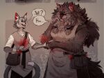 2020 anthro anthrofied apron bag biped breasts cat-with-horns cinderpelt_(warriors) clothed clothing dialogue digital_drawing_(artwork) digital_media_(artwork) domestic_cat duo english_text felid feline felis female fluffy frown fur grey_body grey_fur grey_hair grey_theme hair holding_plant larger_anthro larger_female mammal open_mouth open_smile pictographics red_eyes scar shaded size_difference smaller_anthro smaller_female smile speech_bubble tail text warriors_(book_series) whiskers yellowfang_(warriors)