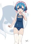  blue_eyes blue_hair double-parted_bangs english_commentary flying_sweatdrops highres made_in_abyss maid_headdress maruruk non-web_source one-piece_swimsuit ozen short_hair standing swimsuit 