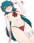  1girl bianca_(black_survival) bikini black_survival breasts cameltoe cowboy_shot eternal_return:_black_survival fang gem green_hair hair_between_eyes hand_up highres long_hair looking_at_viewer medium_breasts navel open_mouth red_bikini red_eyes red_gemstone simple_background skin_fang smile solo swimsuit thigh_strap vgb0568 white_background 