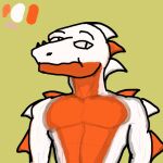 abs anthro biped brian_(deathcapsules) deathcapsules half-closed_eyes lizard male narrowed_eyes orange_body reptile scales scalie shirtless shirtless_anthro shirtless_male simple_background smile smirk solo white_body