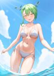  1girl absurdres bikini blue_sky breasts ceres_fauna choker day diptip green_hair halterneck highres hololive hololive_english horns light_rays medium_breasts mole mole_under_eye open_mouth outdoors short_hair side-tie_bikini_bottom sky smile solo string_bikini sunbeam sunlight swimsuit tree_horns virtual_youtuber wading water white_bikini white_choker yellow_eyes 