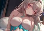  1girl aqua_hair bare_shoulders black_hairband bra collarbone commentary firefly_(honkai:_star_rail) grey_hair hairband honkai:_star_rail honkai_(series) leonmandala long_hair looking_at_viewer parted_lips purple_eyes solo underwear upper_body white_bra 