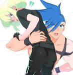  ! !! 2boys androgynous armband ass black_gloves blue_eyes blue_hair blush buzz_cut carrying_over_shoulder commentary_request galo_thymos gloves green_hair lio_fotia looking_at_another male_focus multiple_boys ns1123 open_mouth otoko_no_ko promare purple_eyes short_hair sidelocks simple_background surprised upper_body very_short_hair white_background 