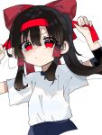  black_hair bow frilled_bow frills hair_bow hair_tubes hakurei_reimu highres long_hair ramochi red_eyes shirt solo touhou upper_body white_background white_shirt 