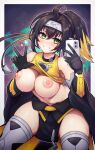  1girl ahoge bare_shoulders black_hair blonde_hair breasts cleavage clothes_lift commission duel_monster forehead_protector gloves gradient_hair green_eyes highres large_breasts multicolored_hair nipples pixiv_commission poifuru ponytail s-force_rappa_chiyomaru selfie shirt_lift solo thighhighs yu-gi-oh! 