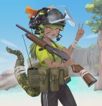  1girl absurdres ammunition_pouch bandaged_arm bandaged_tail bandages black_pants blue_sky cliff dragon_girl face_shield fang green_eyes green_hair green_shirt gun hair_ribbon helmet highres klottinen lizard_tail load_bearing_equipment looking_at_viewer military mossberg_500 open_mouth original pants pouch pump_action radio_antenna ribbon shirt shotgun shotgun_shell sky solo standing tail tree v water weapon 