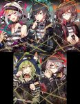  2girls 3boys black_hair black_nails blue_eyes brown_hair chain closed_mouth collar glasses gradient_hair green_eyes green_hair hair_ribbon hand_up headphones iida_rintarou kamiki_ritsu long_sleeves looking_at_viewer medium_hair mori_misaki multicolored_hair multiple_boys multiple_girls niimura_kou ookami_game_(studio_wasabi) open_mouth paw_pose prison_clothes rainbow_hair red_ribbon ribbon sapphire_(nine) shimotsuki_yukinari shirt smile striped_clothes striped_shirt white_hair white_shirt 