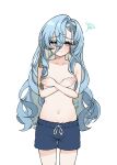  1girl 37_(reverse:1999) aqua_eyes blue_hair blush collarbone covering_breasts covering_privates embarrassed hair_between_eyes highres kkoma korean_commentary long_hair looking_at_viewer male_swimwear_challenge navel reverse:1999 simple_background solo sweatdrop very_long_hair wavy_mouth white_background 