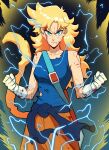  1girl angry aura belt blonde_hair blood blood_on_face blood_on_hands blood_on_shoulder blue_belt blue_sash blue_shirt blue_tank_top breasts closed_mouth collarbone cowboy_shot dragon_ball dragon_ball_z electricity eyelashes genderswap genderswap_(mtf) gloves green_eyes hair_intakes highres long_hair medium_breasts sash shirt solo spiked_hair super_saiyan super_saiyan_2 sword sword_on_back tank_top thirdphp torn_clothes torn_shirt torn_tank_top trunks_(dragon_ball) trunks_(future)_(dragon_ball) v-shaped_eyebrows weapon weapon_on_back white_gloves yellow_fur yellow_tail 