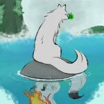  amaterasu_(ookami) animal different_reflection fire from_behind glowing issun markings no_humans ookami_(game) reflection reflective_water ripples rock sitting tail terracottashell water waterfall white_fur white_wolf wolf 