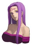  1girl b_suke bare_shoulders breasts cleavage cropped_torso dress facial_mark fate/stay_night fate_(series) forehead_mark highres large_breasts long_hair looking_at_viewer medusa_(fate) medusa_(rider)_(fate) off-shoulder_dress off_shoulder parted_lips portrait purple_eyes purple_hair simple_background solo white_background 