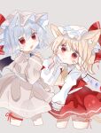  2girls animal_ears ascot bat_wings blonde_hair blue_hair brooch cat_ears cat_girl crystal flandre_scarlet hat hat_ribbon highres jewelry mob_cap multicolored_wings multiple_girls one_side_up puffy_short_sleeves puffy_sleeves ramochi red_ascot red_eyes red_skirt red_vest remilia_scarlet ribbon short_hair short_sleeves siblings side_ponytail sisters skirt skirt_set touhou upper_body vest white_hat wings yellow_ascot 