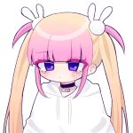  1girl black_choker blonde_hair blush chibi choker closed_mouth commentary drawstring expressionless eyes_visible_through_hair gradient_hair hair_flaps hair_ornament highres hood hood_down hoodie indie_virtual_youtuber kur0na kyoresu long_hair looking_at_viewer multicolored_hair pink_hair purple_eyes rabbit_hair_ornament sidelocks simple_background solo straight_hair thick_outlines twintails two-tone_hair upper_body virtual_youtuber white_background white_hood white_hoodie 