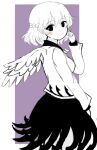  blush bow bowtie feathered_wings greyscale_with_colored_background highres holding holding_hair kishin_sagume looking_at_viewer rei_(tonbo0430) short_hair single_wing skirt solo tagme touhou wings 