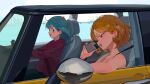  2girls aqua_hair black_skirt blonde_hair car choppy_bangs driving green_eyes highres hood hoodie horns long_hair medium_hair motor_vehicle multiple_girls nahia_(some1else45) open_mouth original pants parted_bangs purple_hoodie red_eyes sekoshi_(some1else45) side-view_mirror skirt skyline some1else45 talking_on_phone watch wristwatch 