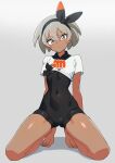  1girl barefoot bea_(pokemon) black_bodysuit bodysuit breasts closed_mouth commentary_request covered_navel cropped_shirt eyelashes full_body grey_background grey_eyes grey_hair highres kamidan kneeling light_frown pokemon pokemon_swsh shirt short_hair short_sleeves simple_background skin_tight small_breasts solo thick_eyebrows toes white_shirt 