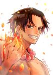  1boy black_hair clenched_hand close-up commentary embers fire freckles highres jewelry looking_at_viewer magu_pink male_focus necklace no_headwear one_piece pearl_necklace portgas_d._ace short_hair smile solo teeth topless_male twitter_username upper_body 