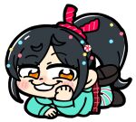  1girl bkub bkub_(style) black_hair chibi full_body green_hoodie head_rest hood hoodie lying on_stomach orange_eyes plaid plaid_skirt ponytail skirt smile smug solo vanellope_von_schweetz wreck-it_ralph 