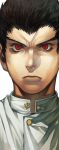  1boy black_hair buttons closed_mouth collared_jacket commentary_request danganronpa:_trigger_happy_havoc danganronpa_(series) eyelashes frown furrowed_brow high_collar irohara_mitabi ishimaru_kiyotaka jacket lips looking_at_viewer male_focus red_eyes short_hair simple_background solo star_pin thick_eyebrows upper_body white_background white_jacket 