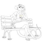 anthro bench bottomless clothed clothing crackers deerwalker digitigrade female feral grass harness hi_res kittensnark lead leash line_art long_tail mammal murid murine pantsless plant rat rodent shirt simple_background sitting t-shirt tail topwear
