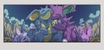  closed_eyes couple family fang hetero highres horns nest nidoking nidoqueen nidoran nidoran_(female) nidoran_(male) night onamuzi_illust outdoors pokemon pokemon_(creature) single_horn sleeping spikes 