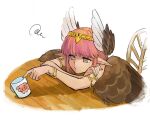  1girl armlet b_suke bangle bracelet brown_wings chair circe_(fate) closed_mouth cup fate/grand_order fate_(series) feather_hair_ornament feathers hair_ornament headpiece jewelry looking_ahead mug pink_eyes pink_hair pink_nails pointy_ears simple_background sitting solo squiggle table upper_body white_background wings 