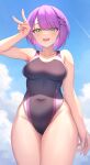  1girl absurdres aoi_zerii bare_shoulders black_one-piece_swimsuit blush breasts collarbone covered_navel from_below gradient_hair green_eyes hair_ornament hairclip highleg highleg_swimsuit highres hololive looking_at_viewer medium_breasts multicolored_hair one-piece_swimsuit open_mouth pink_hair purple_hair short_hair smile solo swept_bangs swimsuit thighs tokoyami_towa v virtual_youtuber x_hair_ornament 