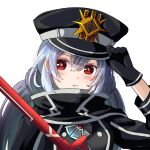  1girl amagami_(makise_tsubaki) black_scarf blush duel_monster gloves grey_hair hair_between_eyes hat holding long_hair long_sleeves peaked_cap red_eyes scarf sky_striker_ace_-_roze solo sword twintails upper_body weapon white_background yu-gi-oh! 