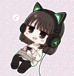  1girl :d animal_ear_headphones animal_ears animal_on_lap animification black_headphones black_pants blush brown_eyes brown_hair cat_ear_headphones chibi chibi_only commentary_request controller dotted_background eighth_note fake_animal_ears game_controller grey_cat headphones headset holding holding_controller holding_game_controller invisible_chair jitome medium_hair musical_note on_lap open_mouth outline pants paw_print playing_games razer real_life sitting smile solo spoken_musical_note sweater tsukine_kona v-shaped_eyebrows watagemodoki white_outline white_sweater 