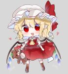  1girl ascot blonde_hair chibi crystal flandre_scarlet hat hat_ribbon holding mob_cap multicolored_wings one_side_up open_mouth puffy_short_sleeves puffy_sleeves ramochi red_eyes red_skirt red_vest ribbon short_sleeves side_ponytail skirt skirt_set solo stuffed_animal stuffed_toy teddy_bear touhou vest white_hat wings yellow_ascot 