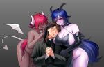  1boy 2girls ahoge alternate_costume animal_ears areola_slip black_capelet black_choker black_gloves black_horns black_sclera black_shirt blue_hair capelet cassock choker closed_mouth colored_sclera colored_skin completely_nude cowboy_shot dark-skinned_female dark_skin demon_girl demon_horns demon_tail demon_wings elbow_gloves frown gloves goat_ears grey_background hand_on_another&#039;s_head hetero highres horns ichijou_seiya interlocked_fingers kaiji leaning_forward long_hair long_sleeves looking_at_another looking_to_the_side multiple_girls navel nude open_mouth pink_skin plump pointy_ears praying priest pubic_tattoo red_eyes red_hair rubber_gloves shirt simple_background smile tail tattoo very_long_hair white_horns white_wings wings yellow_eyes yologyeolseogchung-gyeogpaswaeseogsul 