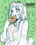  1girl bad_id bad_tumblr_id bead_necklace beads bonyonyo character_name commentary donut_hole_(vocaloid) doodles doughnut eating english_commentary food goggles goggles_on_head green_background gumi holding holding_doughnut holding_food jewelry necklace skeleton_print solo song_name vocaloid 