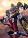  akatsuni bad_id bad_pixiv_id from_below leopardon male_focus marvel mecha pose solo spider-man spider-man_(series) spider-man_(touei) sun super_robot tokusatsu touei 