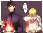  ? blonde_hair brown_eyes brown_hair casual fate/stay_night fate/zero fate_(series) fire food gilgamesh holding holding_spoon jitome kotomine_kirei male_focus mapo_doufu multiple_boys nakahara_(mu_tation) spicy spoon 