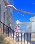  1girl alvin_(tales) bird blonde_hair boots day elize_lutus green_eyes knee_boots looking_up open_mouth purple_footwear sarai sitting sky stairs tales_of_(series) tales_of_xillia wind 