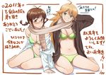  ahoge akizuki_ritsuko antenna_hair arm_up barefoot bikini blonde_hair blush braid breasts brown_eyes brown_hair cleavage fringe_trim glasses green_eyes hoshii_miki idolmaster idolmaster_(classic) inu_(aerodog) jacket long_hair medium_breasts multiple_girls navel o-ring o-ring_top scarf shared_scarf shiny shiny_skin short_hair sitting smile swimsuit translated twin_braids yokozuwari 