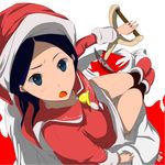  :o bangs bare_legs bell black_hair blood blue_eyes boots from_above hat kitsu_chiri legs long_hair looking_at_viewer looking_up open_mouth parted_bangs perspective raised_eyebrow sack santa_costume santa_hat sayonara_zetsubou_sensei shovel simple_background sitting solo white_background 