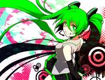  abstract_background arms_behind_back bad_id bad_pixiv_id detached_sleeves green_eyes green_hair grin hatsune_miku headset hirococo long_hair looking_back necktie skirt smile solo symbol-shaped_pupils twintails very_long_hair vocaloid 