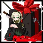  arrow axe blonde_hair blood bow bow_(weapon) gift green_eyes headband machete new_years_(artist) original pixiv_manga_sample present remiria27 ribbon sweater sword weapon 