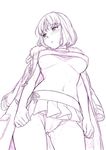  blush breasts coat copyright_request from_below medium_breasts miniskirt monochrome naruko_hanaharu panties short_hair skirt solo underboob underwear upshirt upskirt 